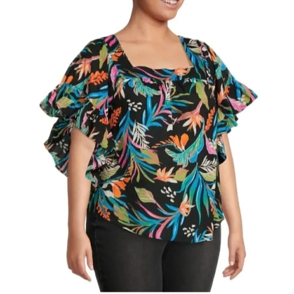 Terra & sky Women’s floral short flutter sleeves square neck top 3x